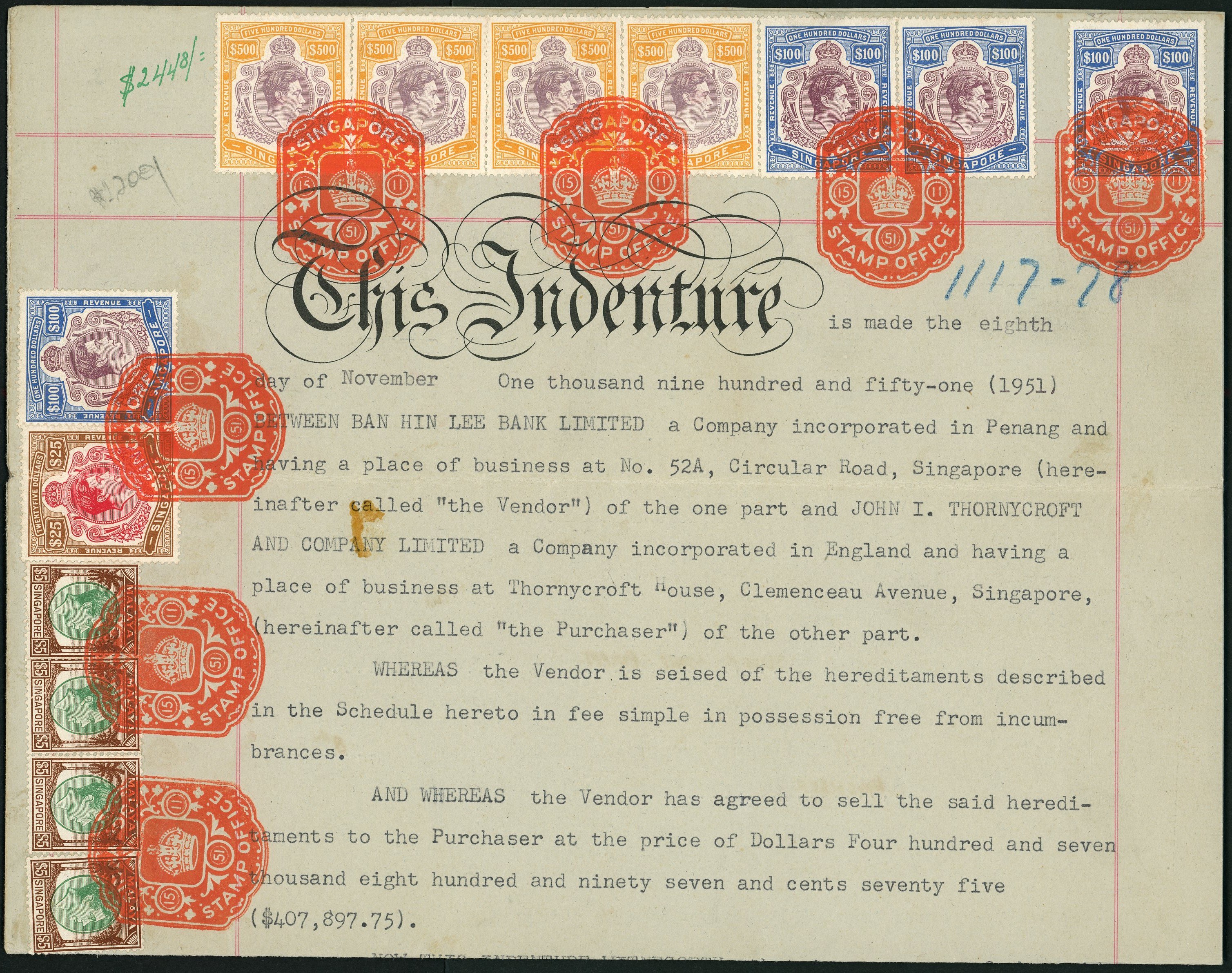 Singapore 1951 Indenture bearing KGVI Keyplate $500 x4