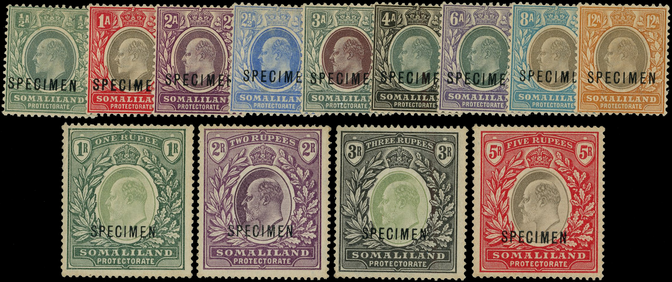 1904 set of thirteen overprinted SPECIMEN Type D12, o.g., a little 'tired' with the 1r and 3r vignettes faded. SG 32s-44s,...