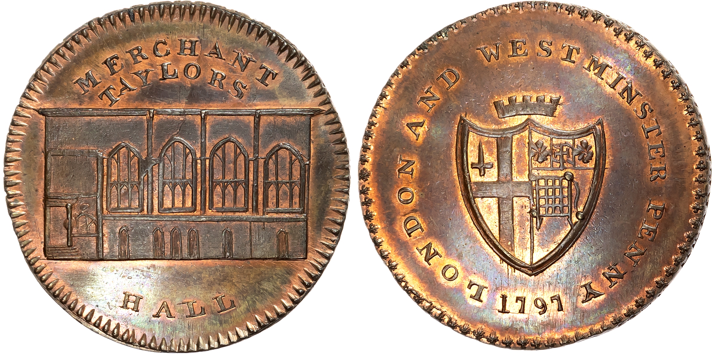 London , Threadneedle St ., Prattent’s ‘London and Westminster Series’ Penny 1797, Merchant Taylors’ Hall, rev . London …