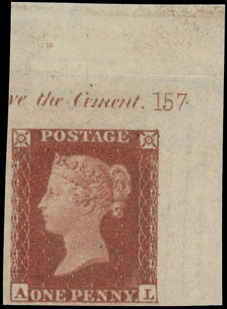 1841 1d red-brown Plate 157 (AL) imprimatur, top right marginal 