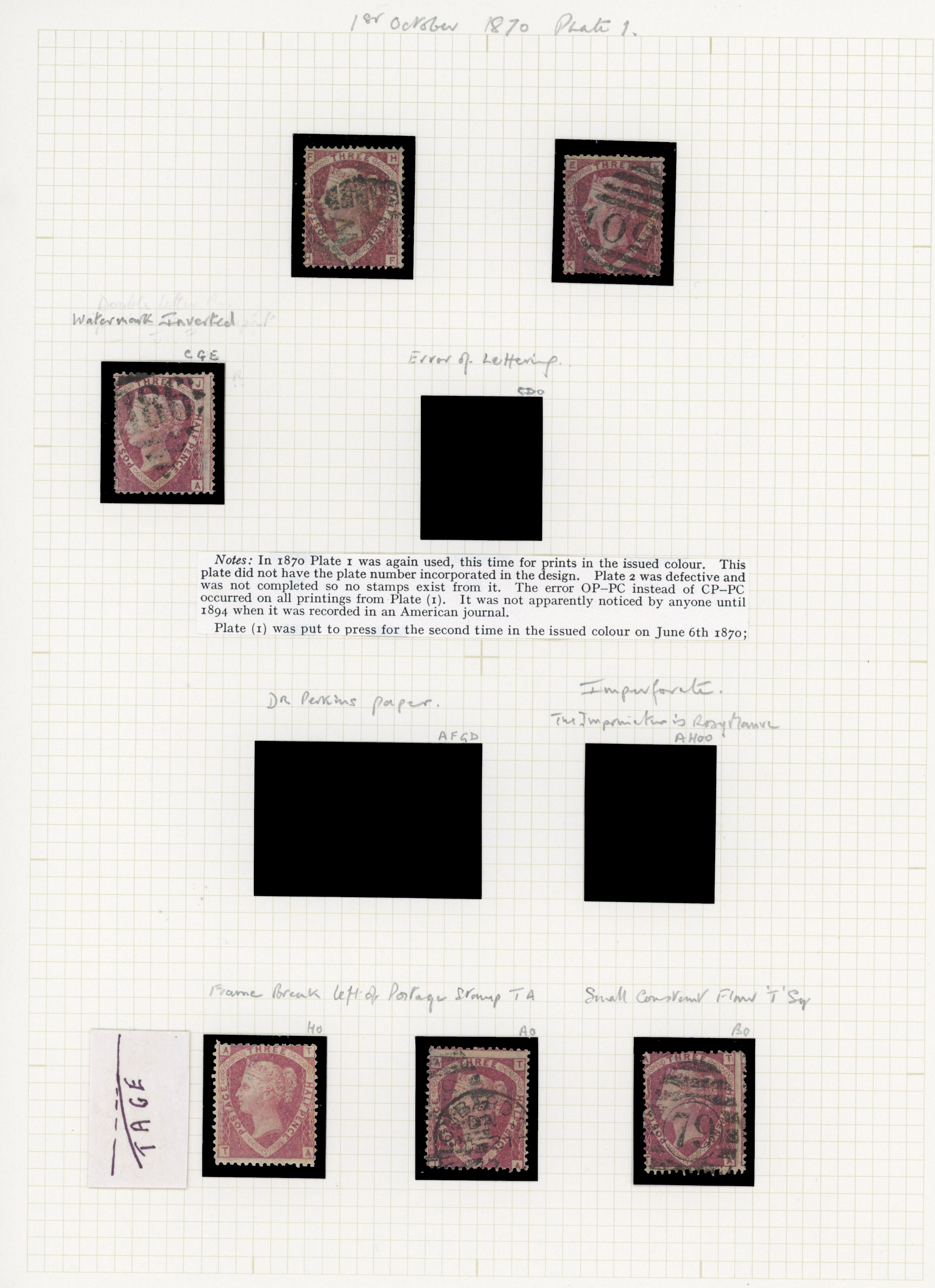 1870 1½d Rose-red Pl’s 1+3. Small selection, Unused, Wmk Inv, used, cover, proof/forgery