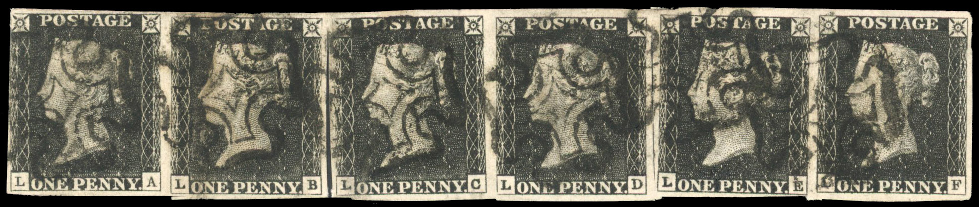 Great Britain 1840 1d black Plate 1b used strip of six SG 2