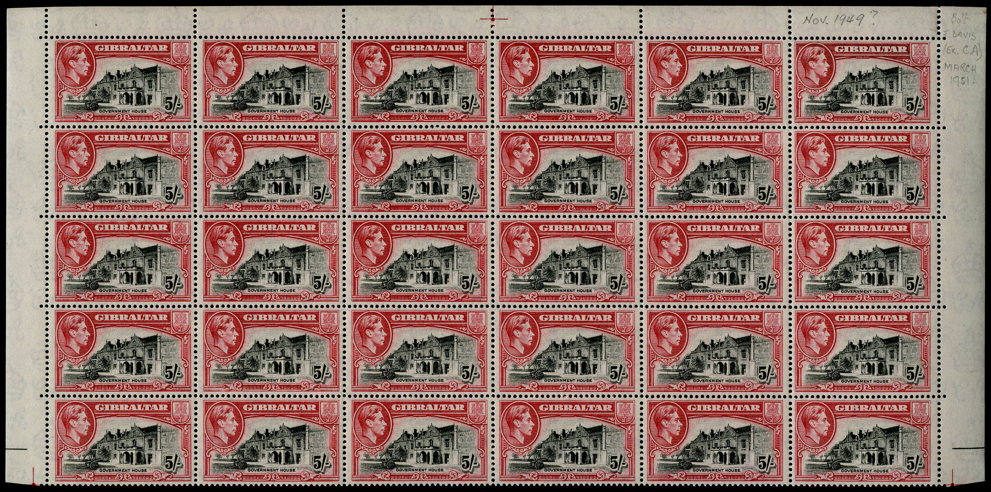 1942-51 5/- perf 13 complete sheet of...