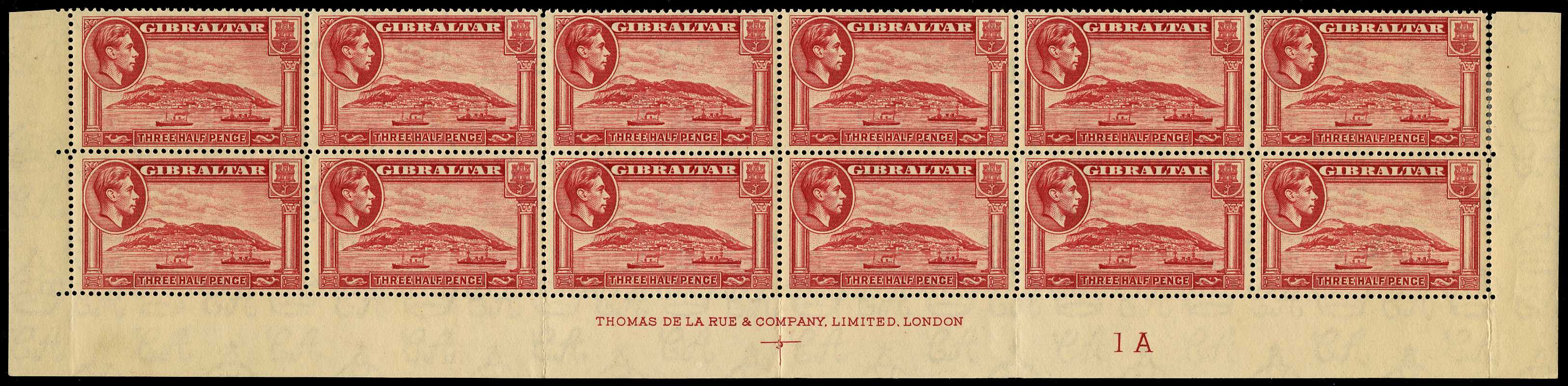 Gibraltar 1938 1½d carmine, perf 14 block mint