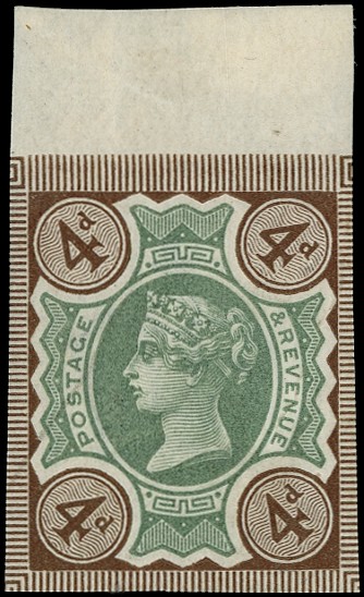 1887 4d green and brown, top marginal imperforate...
