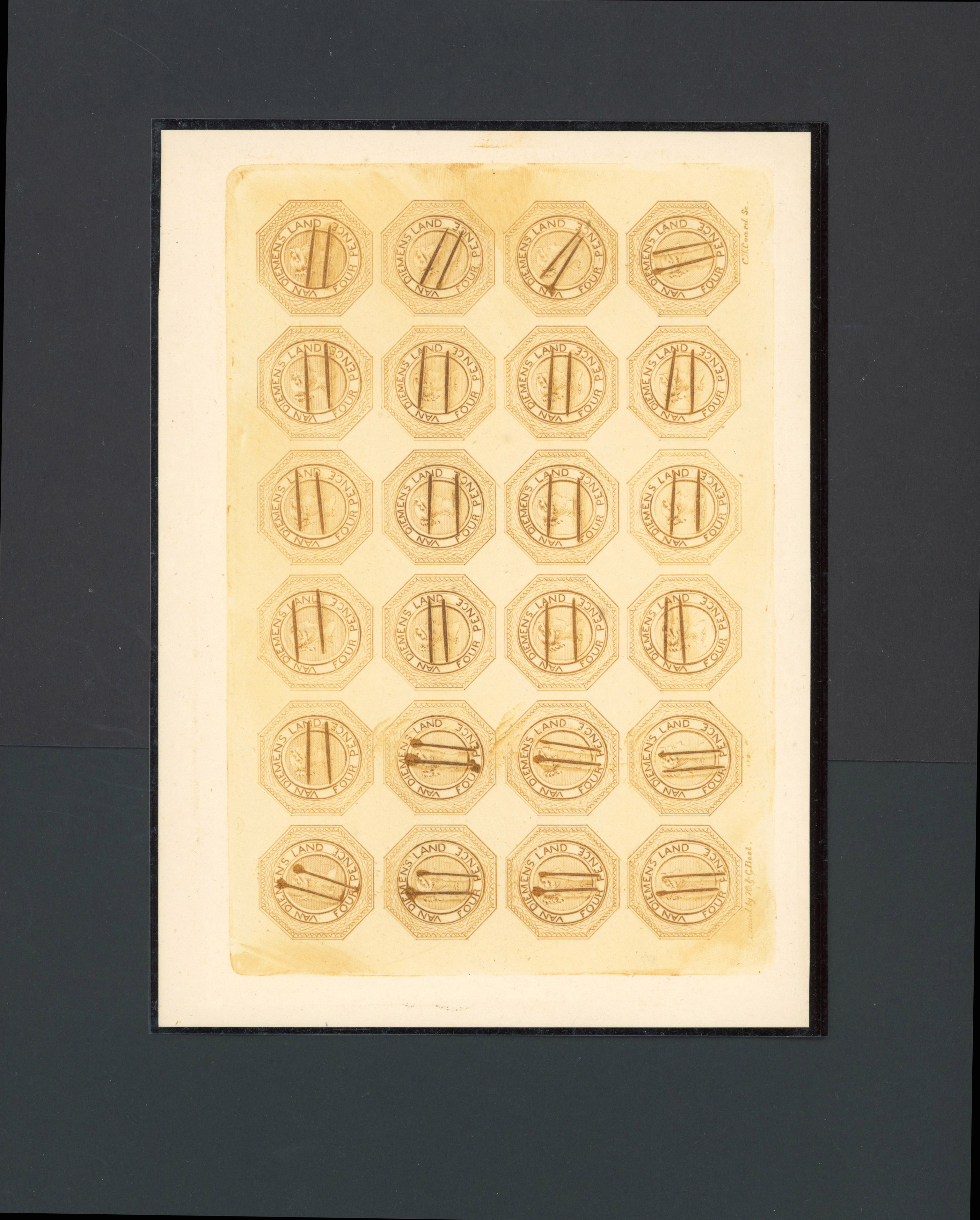 Tasmania 1854 4d reprint sheet from the defaced plate