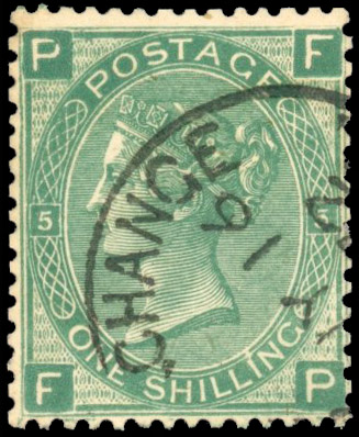 GB 1867-80 1s green Plate 5 (FP), Stock Exchange forgery, SG 117var