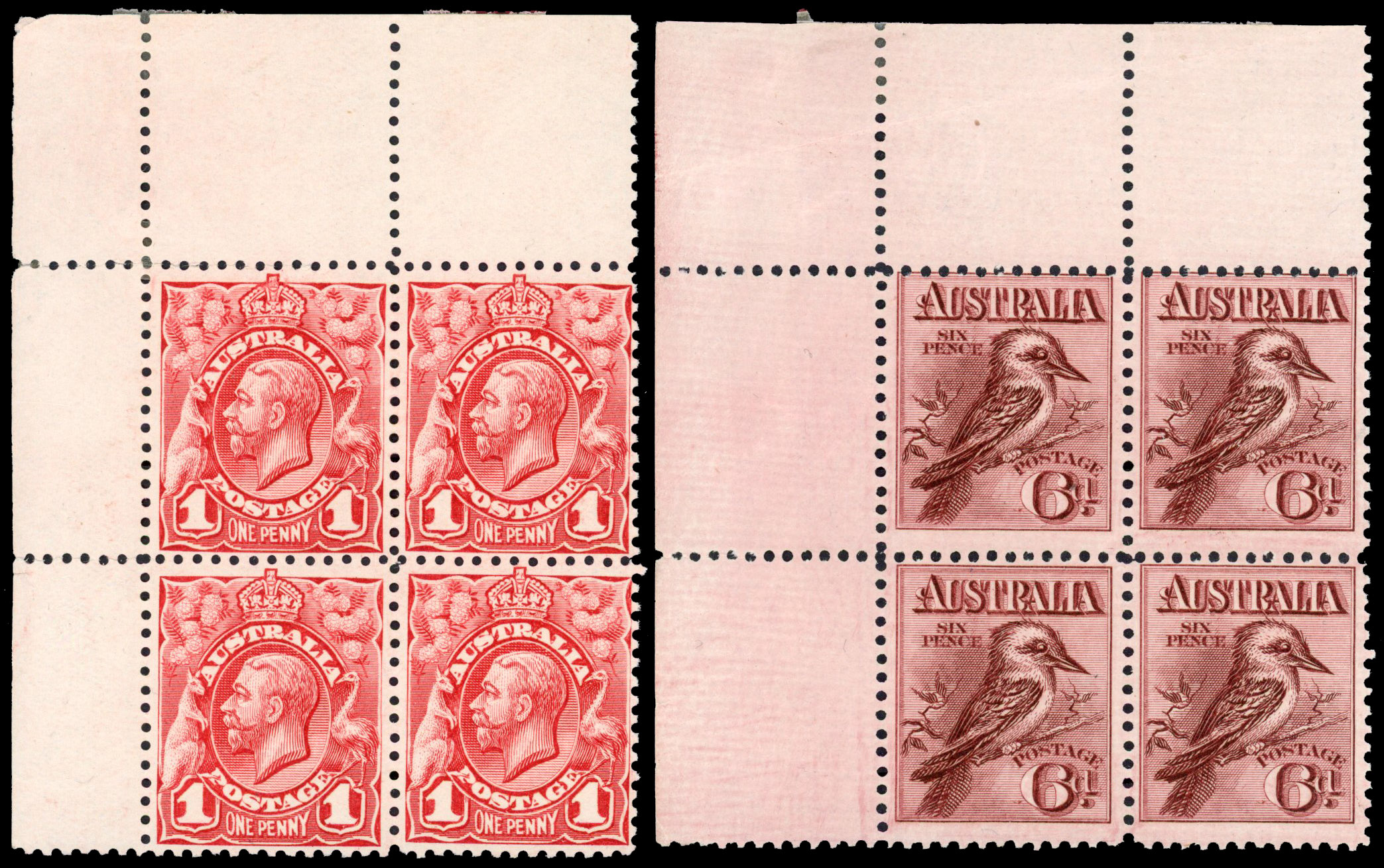 1913-14 engraved KGV 1d red and 6d claret 'Kookaburra', BLOCKS OF FOUR  S.G. 17, 19 cat £320++ 