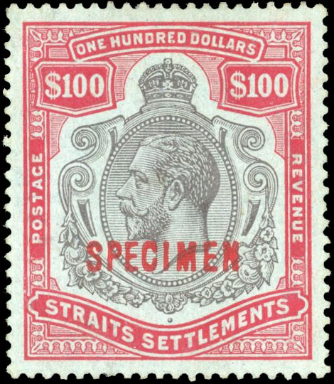 Malaya - Straits 1912-23 $100 black and carmine on blue paper optd SPECIMEN, SG 214s