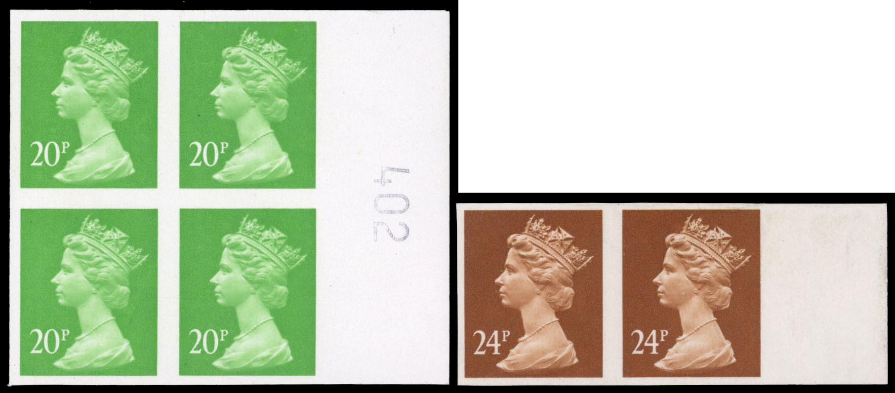 1991 24p chestnut right-hand marginal imperforate pair and 1996 20p bright green (1 centre band) right-hand marginal