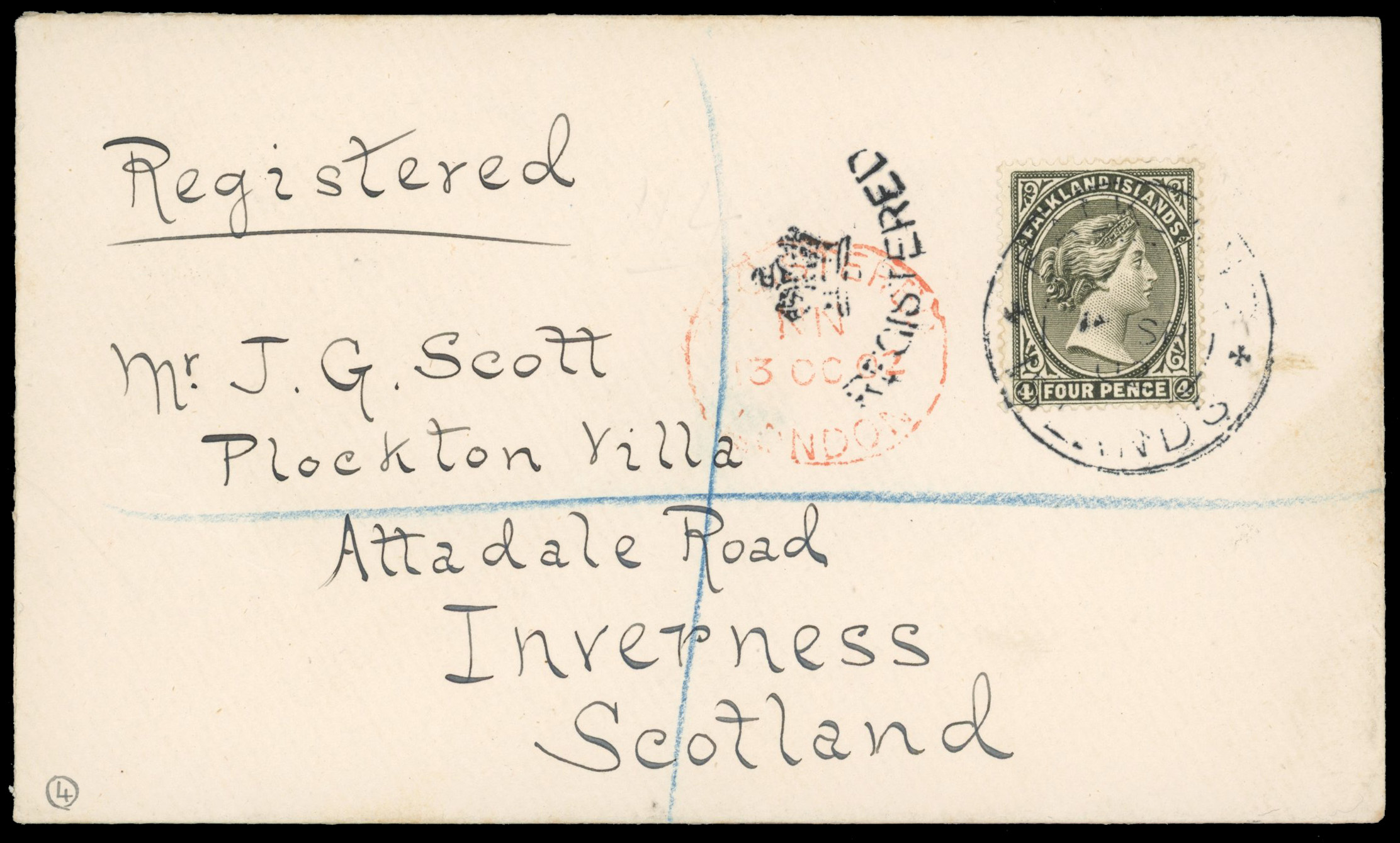 Falkland Islands 1902 registered 4d cover to Inverness