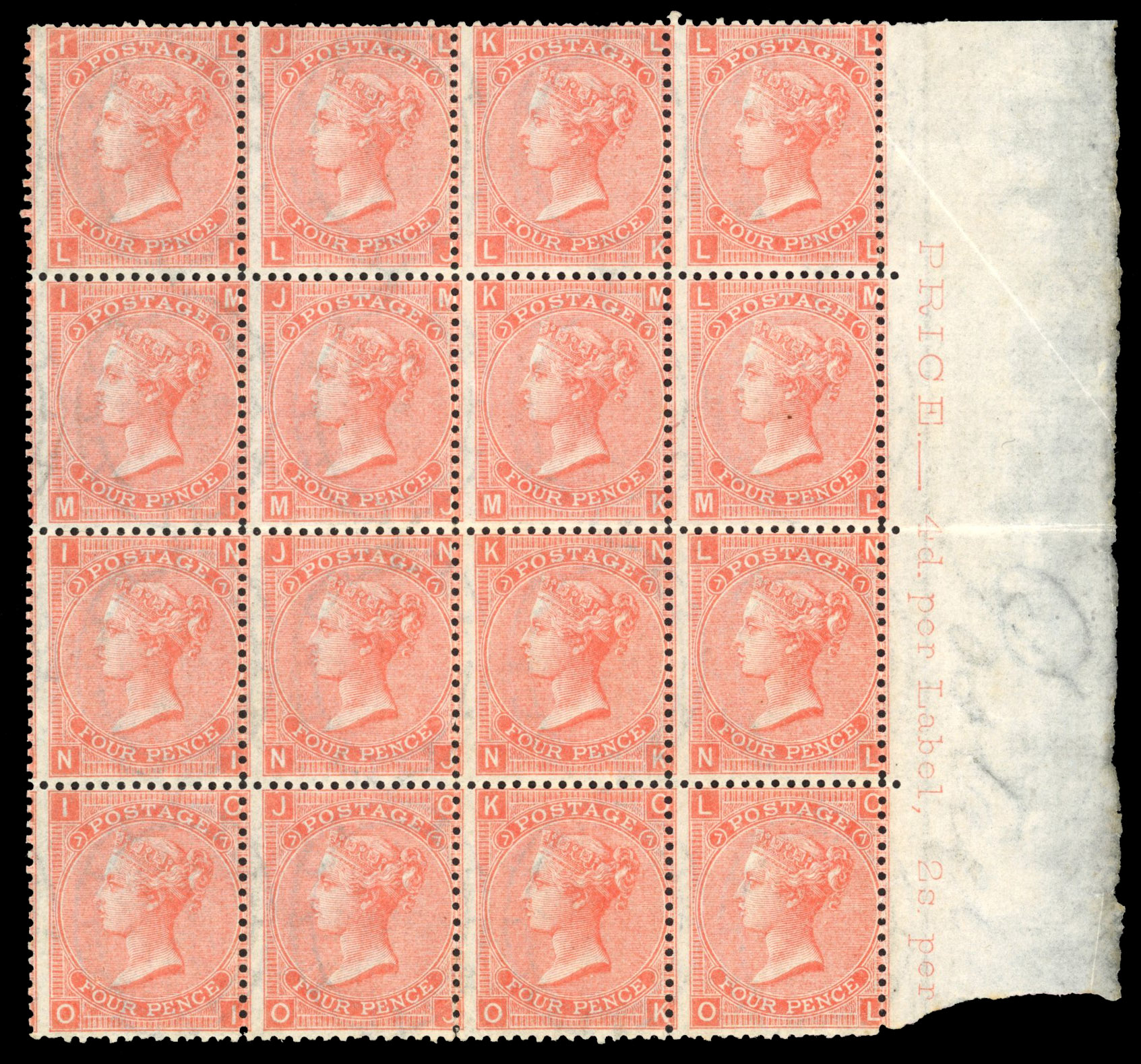 GB 1865-67 4d dull vermilion, Pl. 7, right marginal block of 16, SG 93