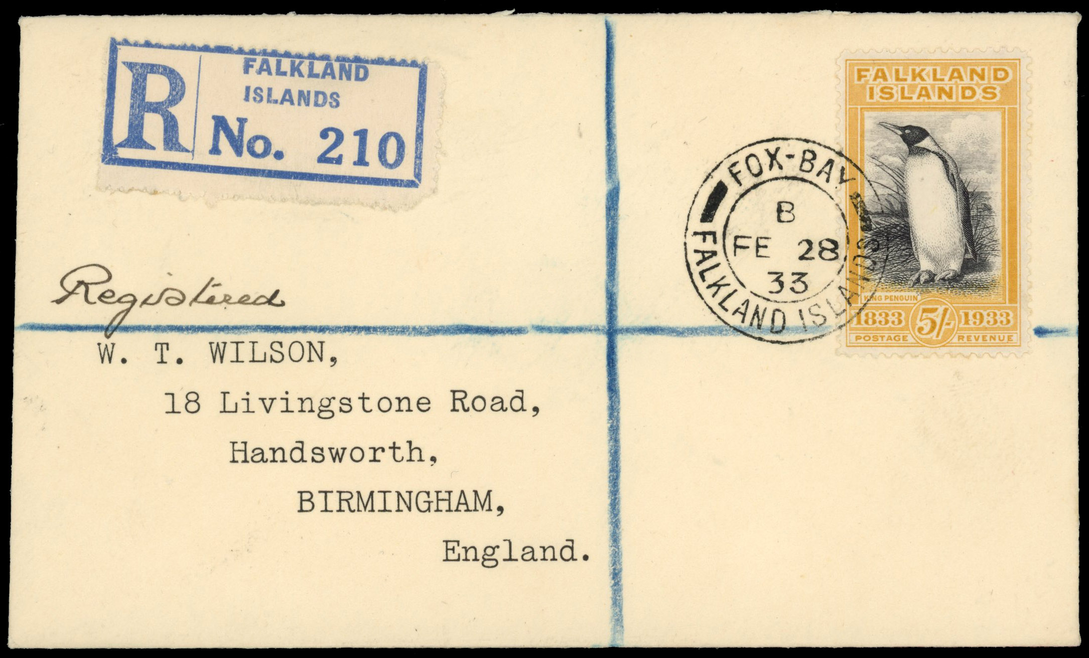 Falkland Islands SG 136 5s 'Penguin' on Wilson cover cancelled Fox Bay