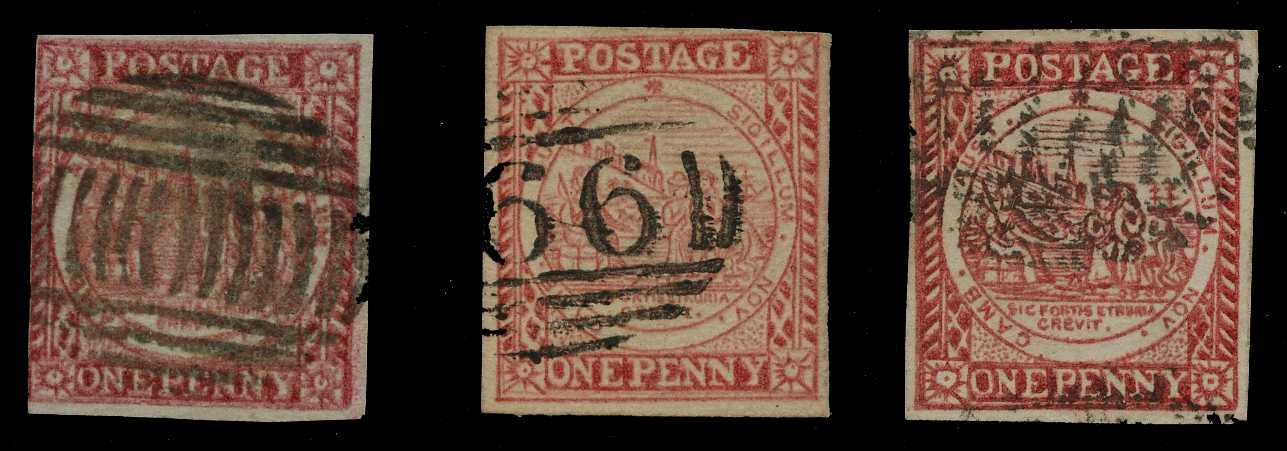 1850 1d Plate 2, three used examples, each...