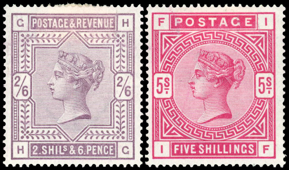 1883-84 2s6d lilac (HG) and 5s crimson (IF); both with large part og