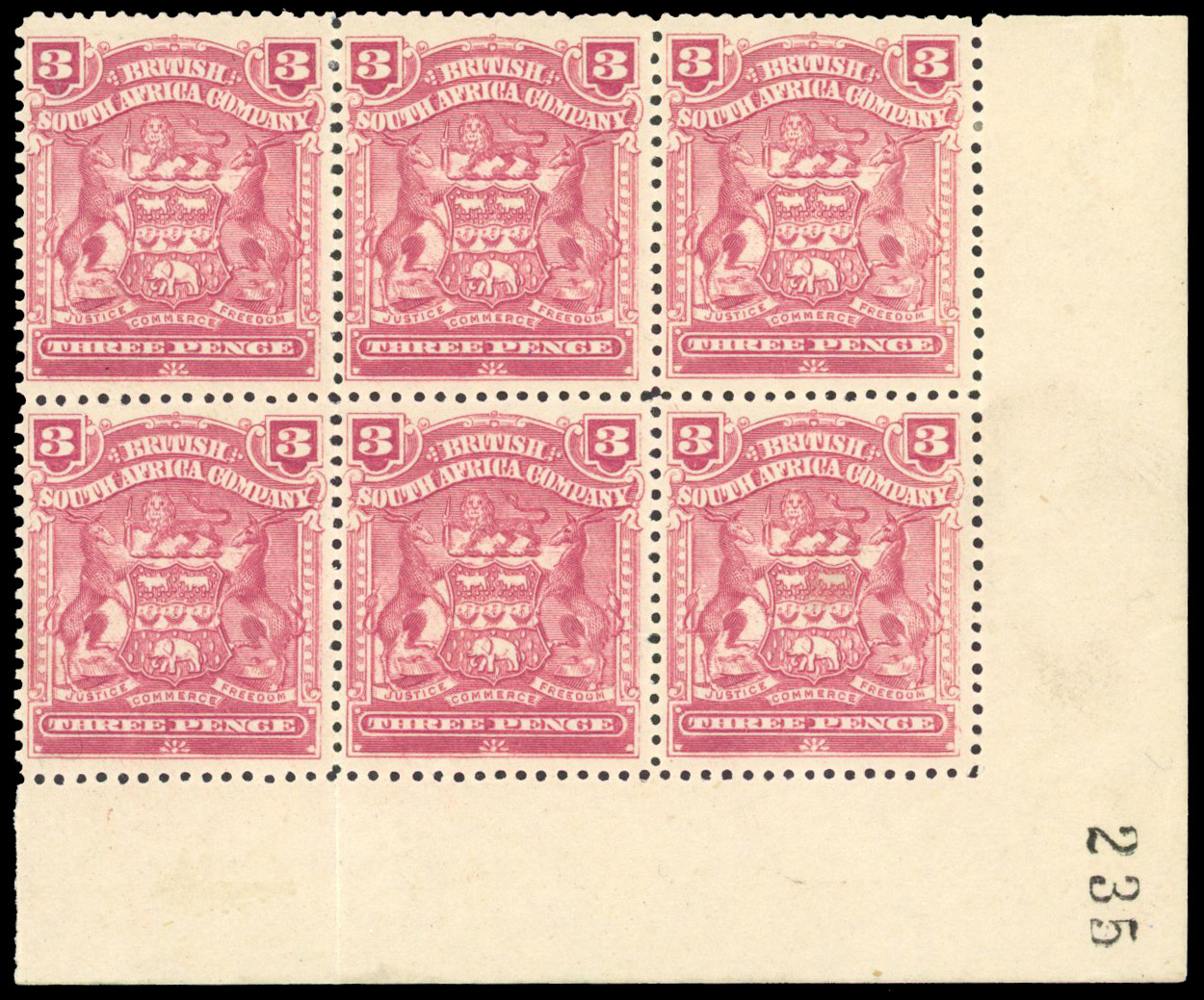 Rhodesia.1898-1908 Arms perf 13½-15½ 3d claret block mint