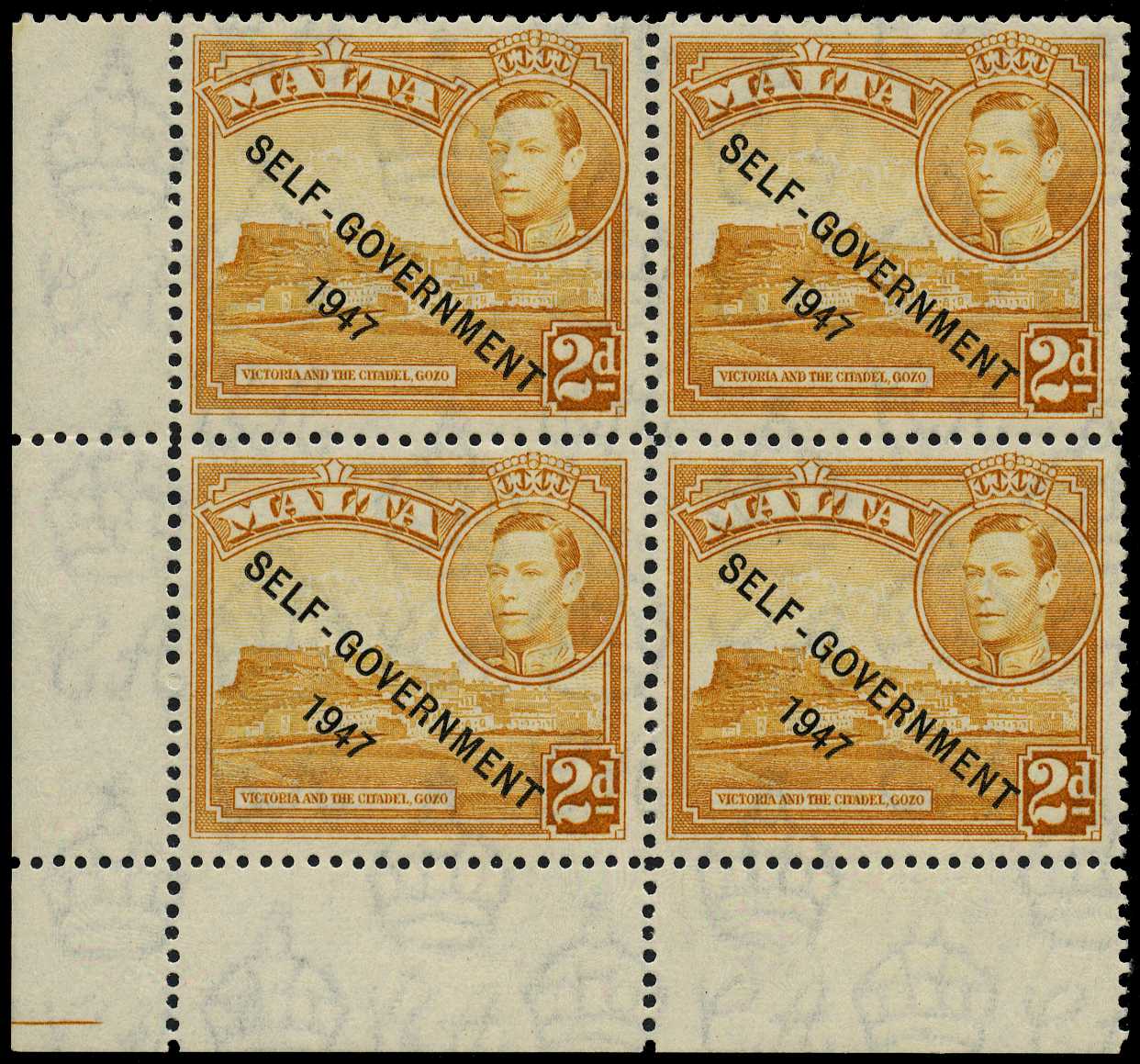 1953 2d yellow-ochre in an o.g. corner block...
