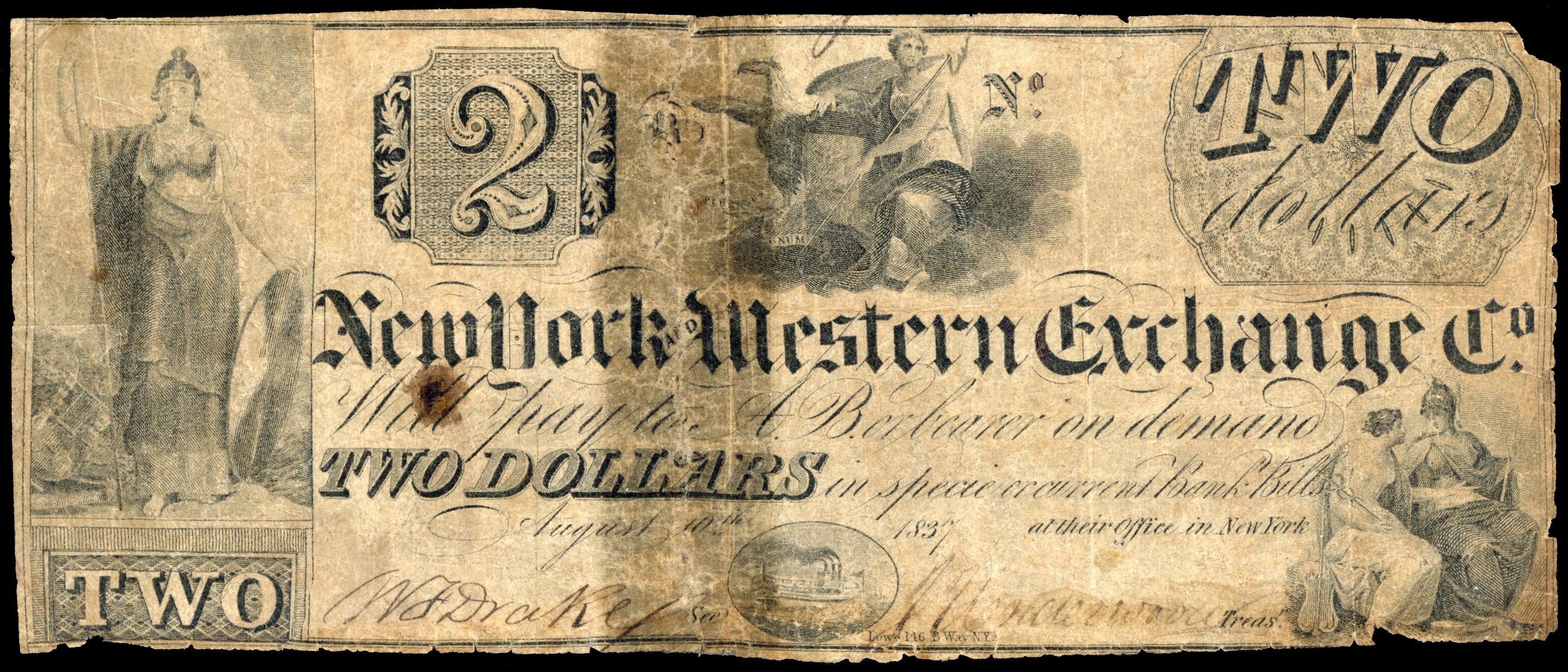 USA, NY. New York, Western Exchange, Uniface One Dollar, 10 Aug. 1837. Apart from bottom left-hand corner miss…