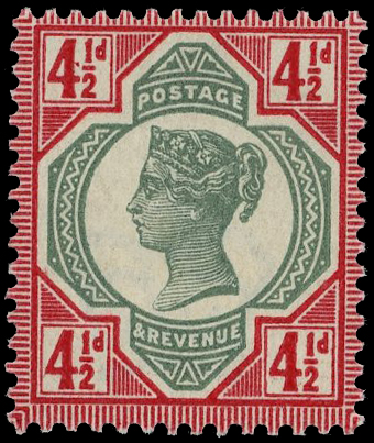 1887-1900 4½d green and deep bright carmine, showing variety