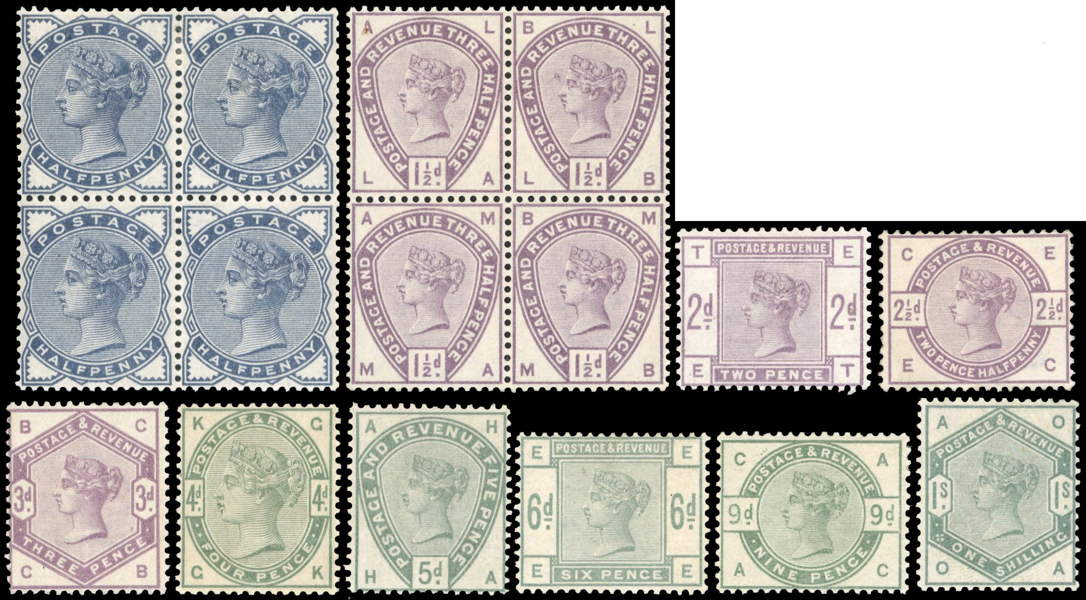 GB 1883-84 ‘Lilac & Green’ set of 10 to 1s, mint, SG 187/196