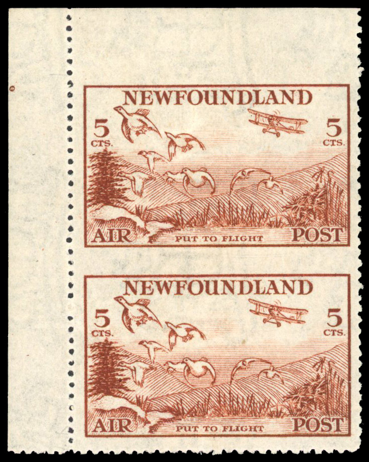 Newfoundland 1933 Air 5c vertical pair imperforate between