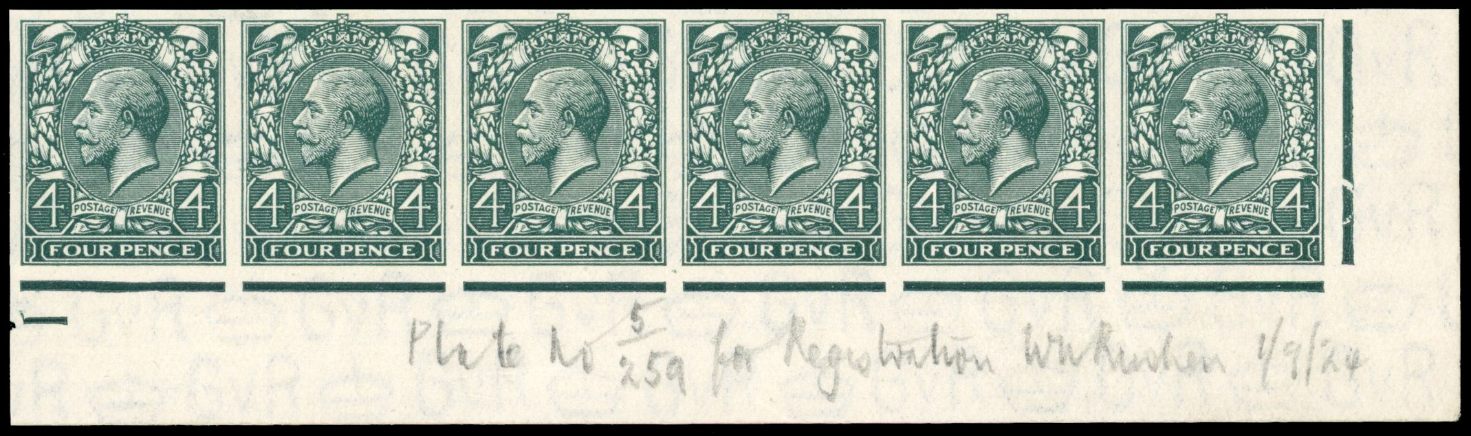 Great Britain 1924 4d Grey-green, Strip of Six, BPMA Imprimatur, SG 424