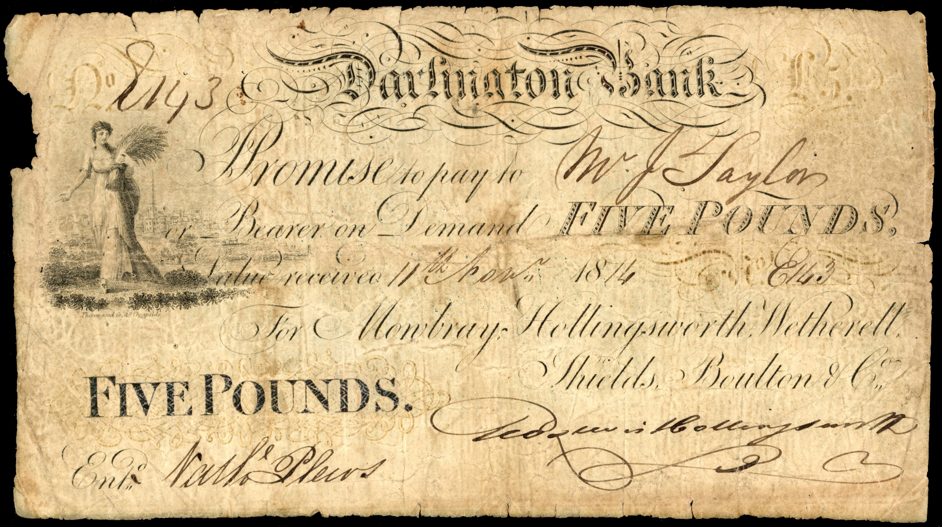 DARLINGTON, Darlington Bank, for Mowbray, Hollingsworth, Wetherall, Shields & Bolton £5.,11 Nov 1814, signed G…