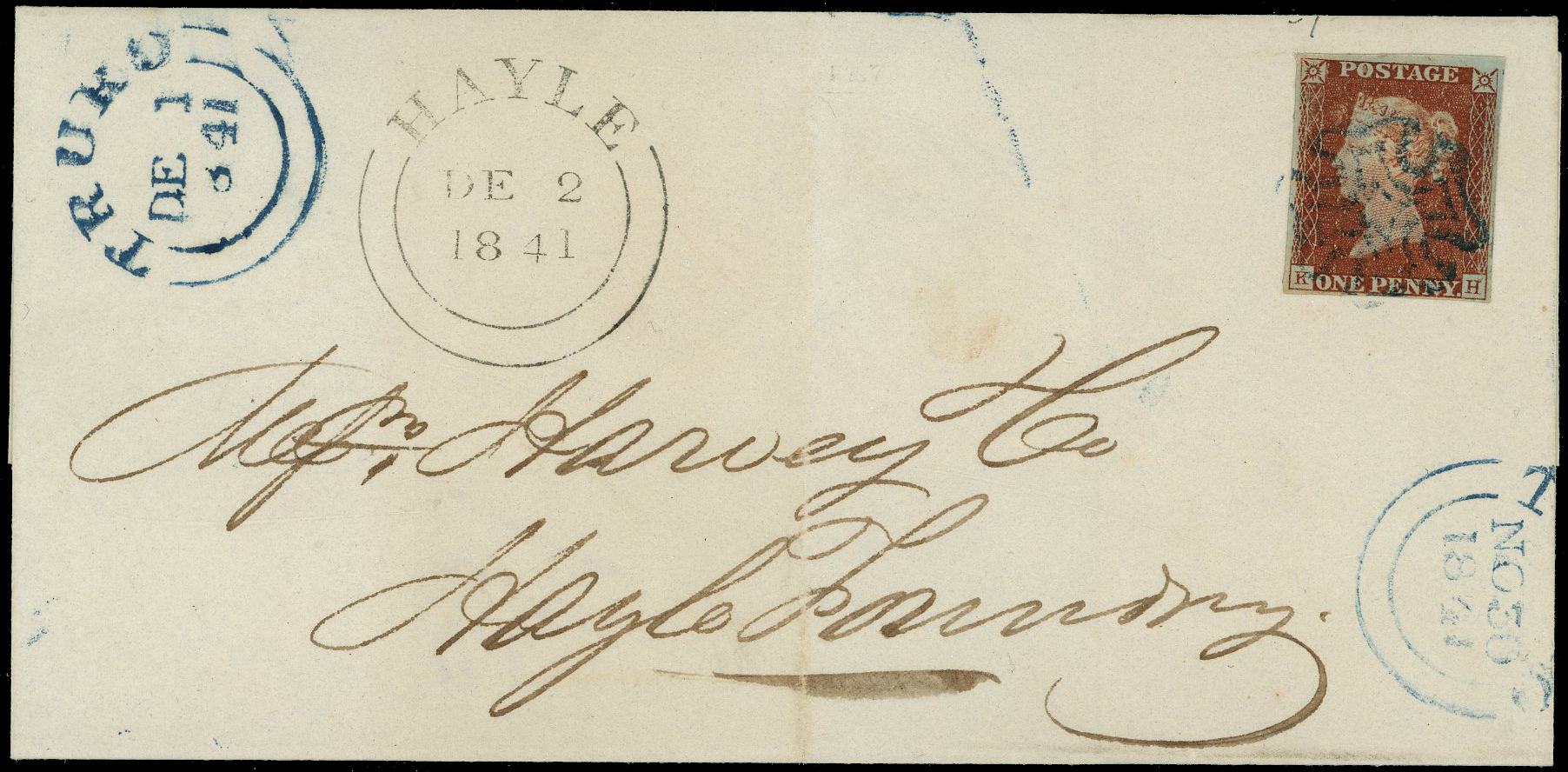 1841 1d Red-brown Pl.16 Cover Blue Truro MC