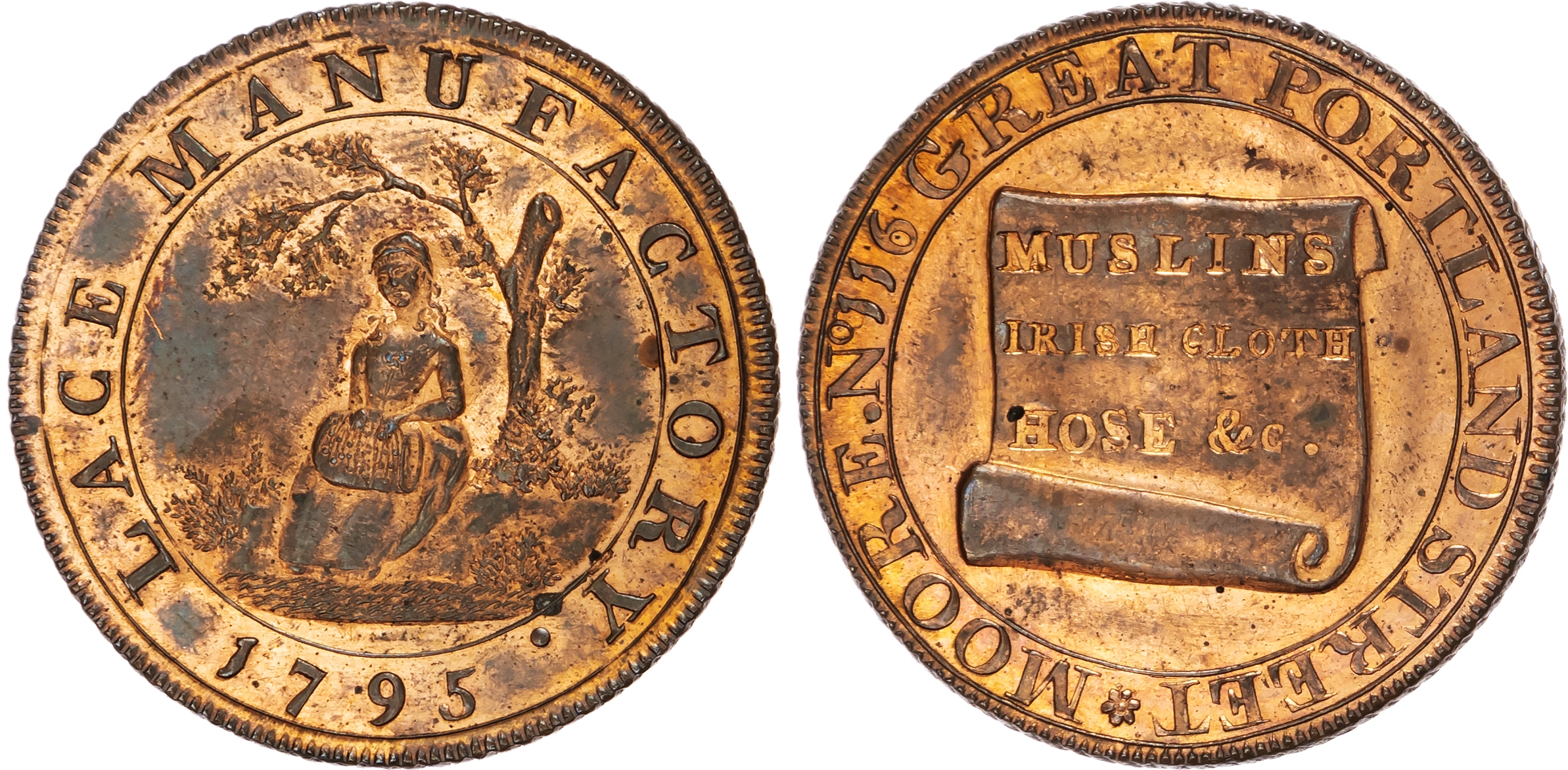 London, Great Portland Street , Joseph Moore (breeches maker and cloth & lace merchant) Halfpenny 1795, A girl…