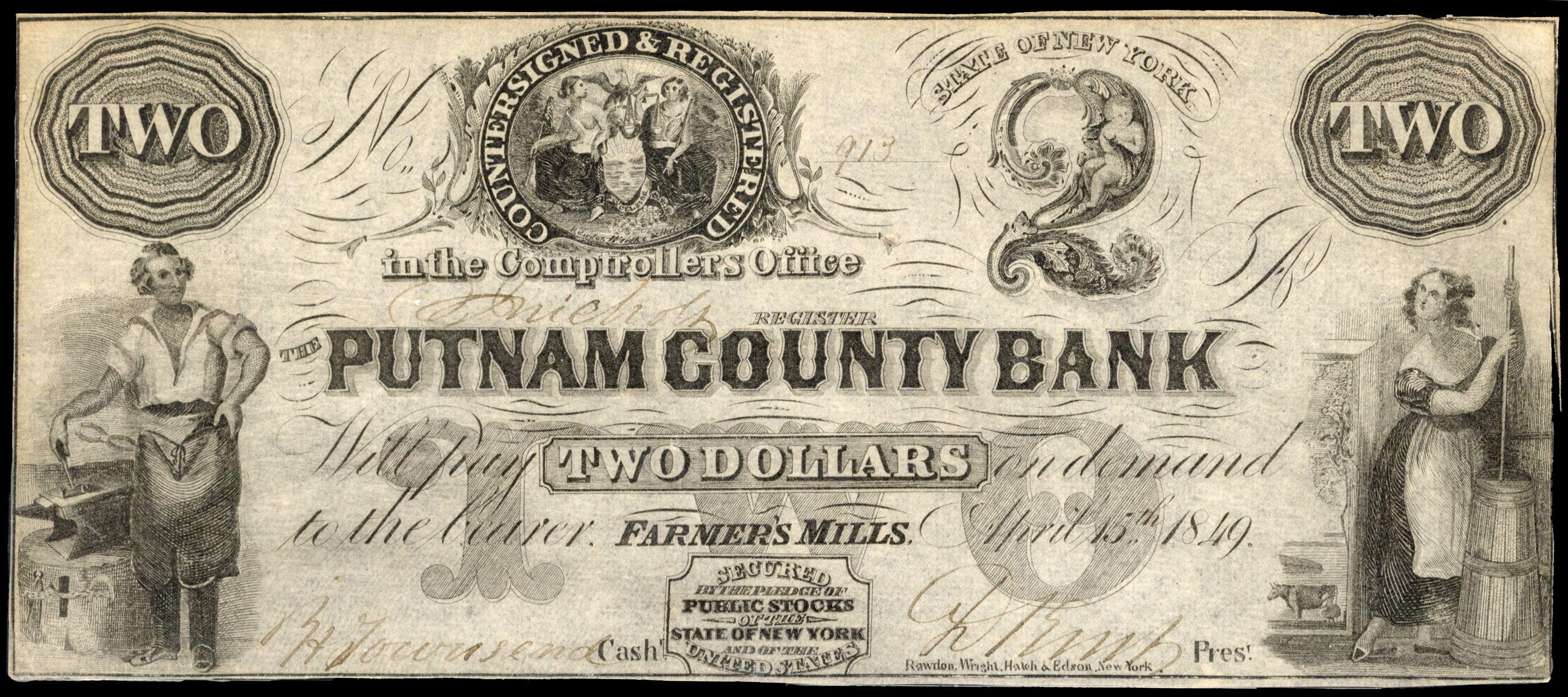 USA, NY. Farmer’s Mills, Putnam County Bank, (open from 1848-55). Uniface Two Dollars, 15 Apr. 1849. Good Very…