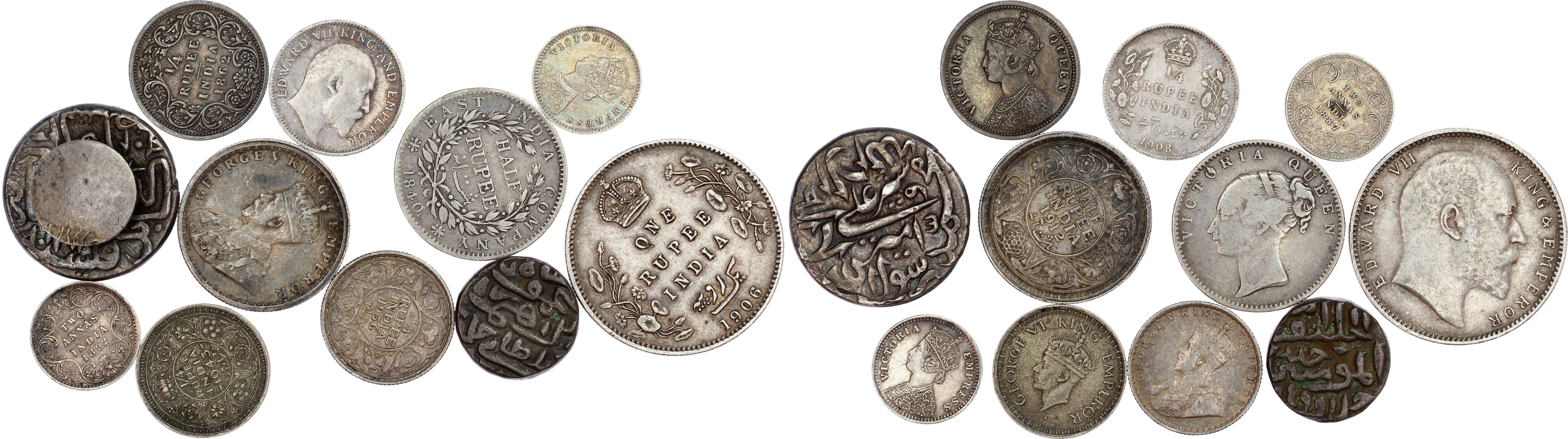 India, Colonial, States and Mughal mixed lot of 11 pieces, mainly silver.
