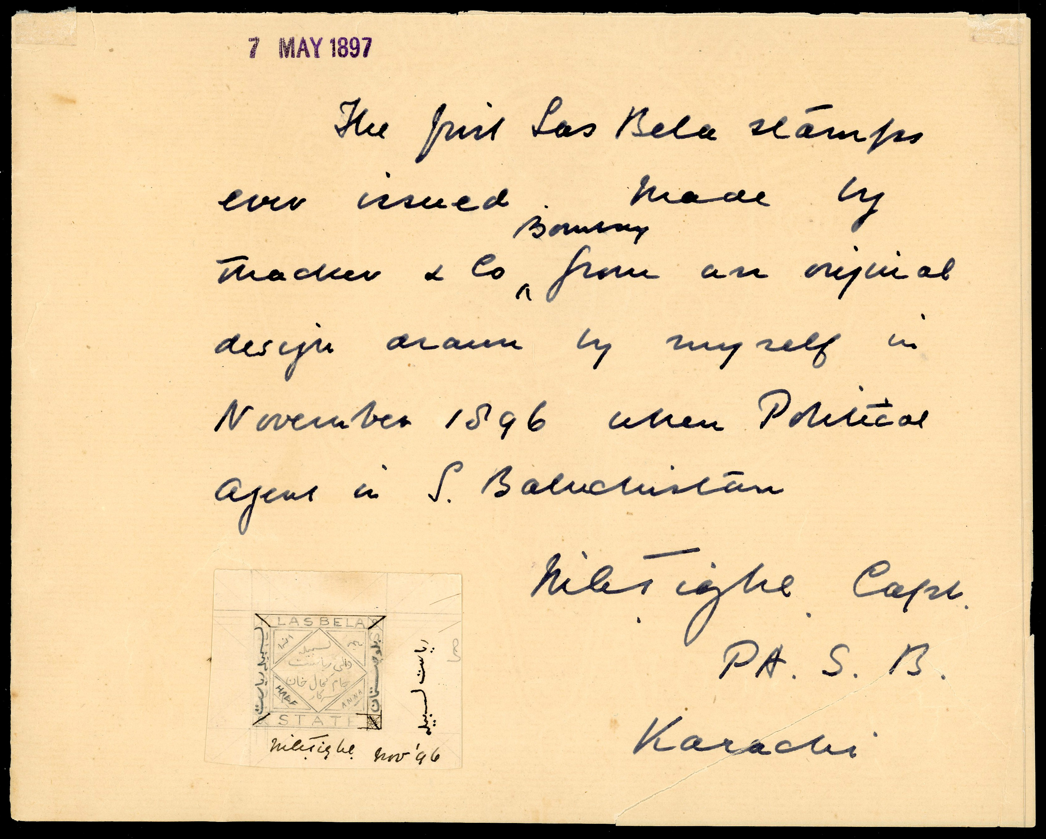 I.F.S Las Bela SG 1 hand-drawn essay for the first Las Bela stamps