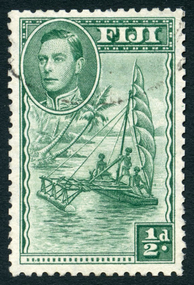 1948 ½d perf 12 lightly used with R5/8 extra palm frond, a couple of missing perfs at lower right, but scarce. SG 249ba,...