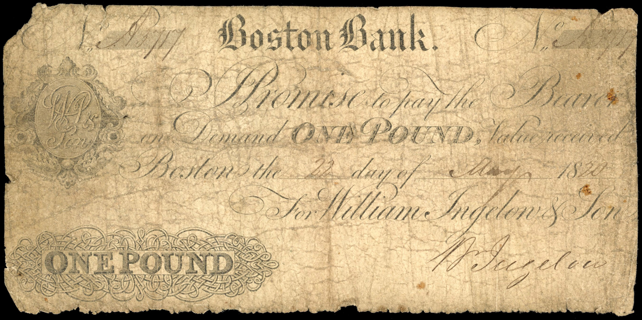 BOSTON, Boston Bank, for William Inglelow & Son., £1.,22 May1820, serial number A3717, B Inglelow signature. (…