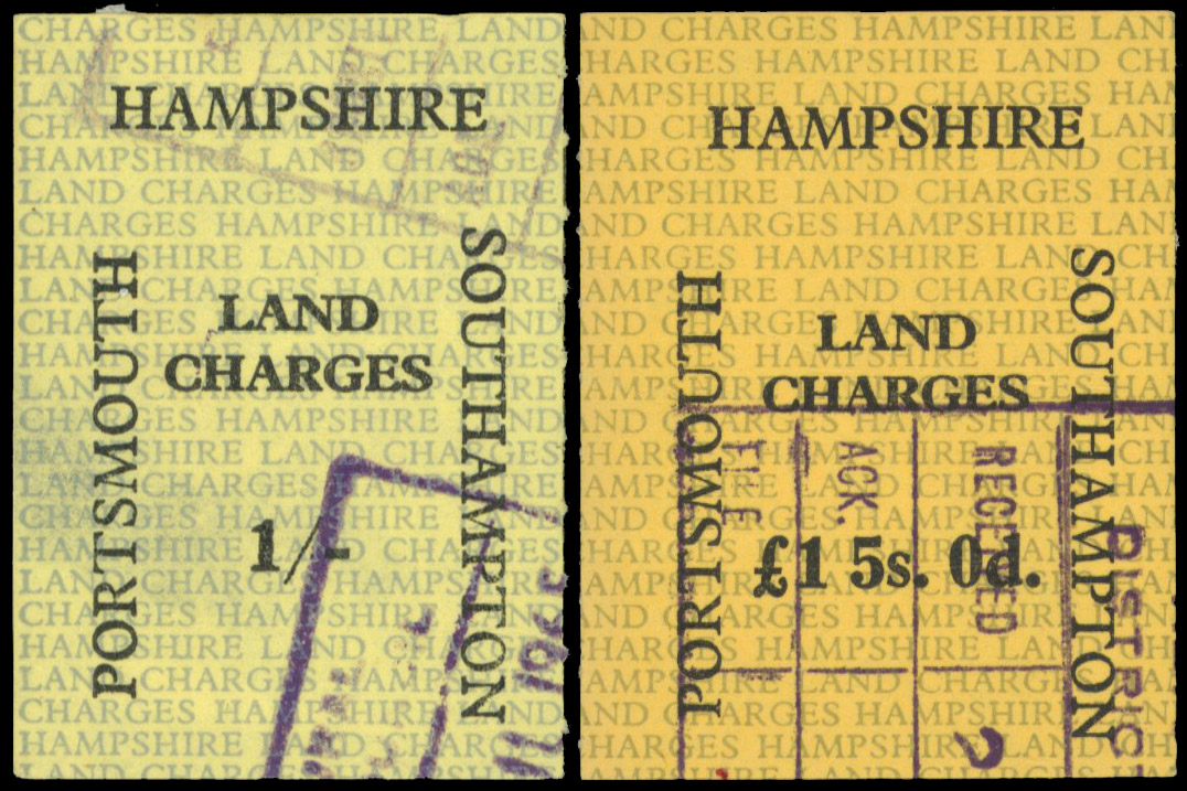 GB. Hampshire Land Charges. 1962 1s black on green and £1.5.0d black on lemon, used