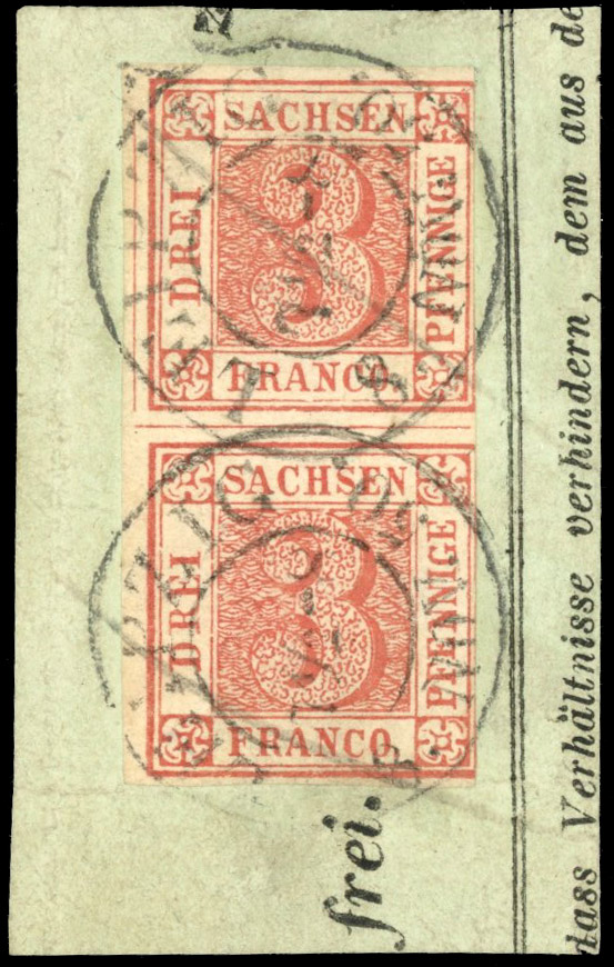 German States Saxony 1850 3f vertical pair on piece