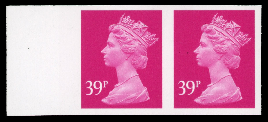 1997 39p bright magenta (2 bands), left hand marginal, horizontal imperforate pair, fine unmounted o.g. SG Y1708a