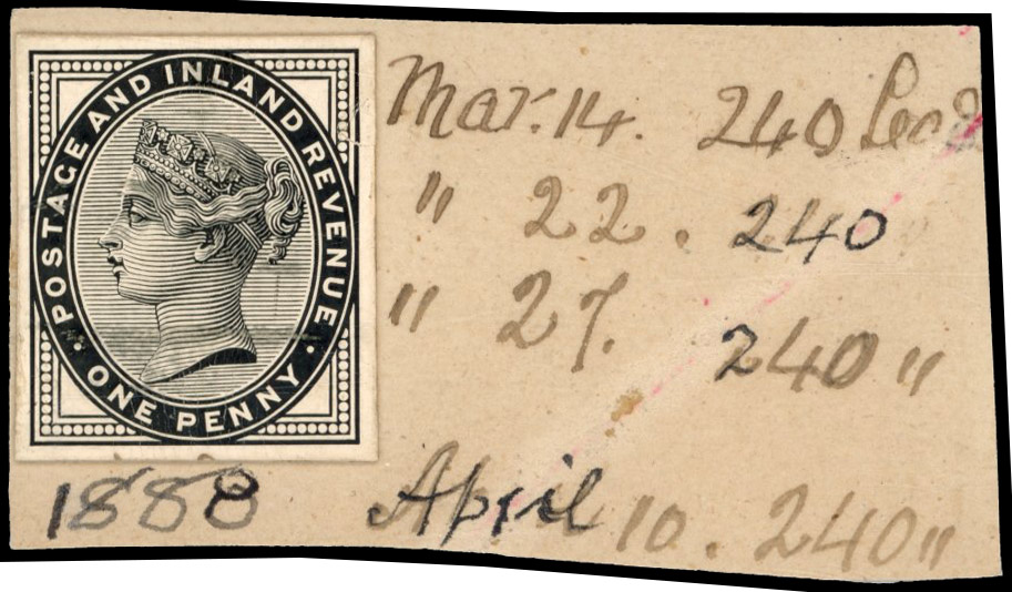 GB 1881 1d (Die II) stamp-sized die proof on DLR striking book piece, For SG 172