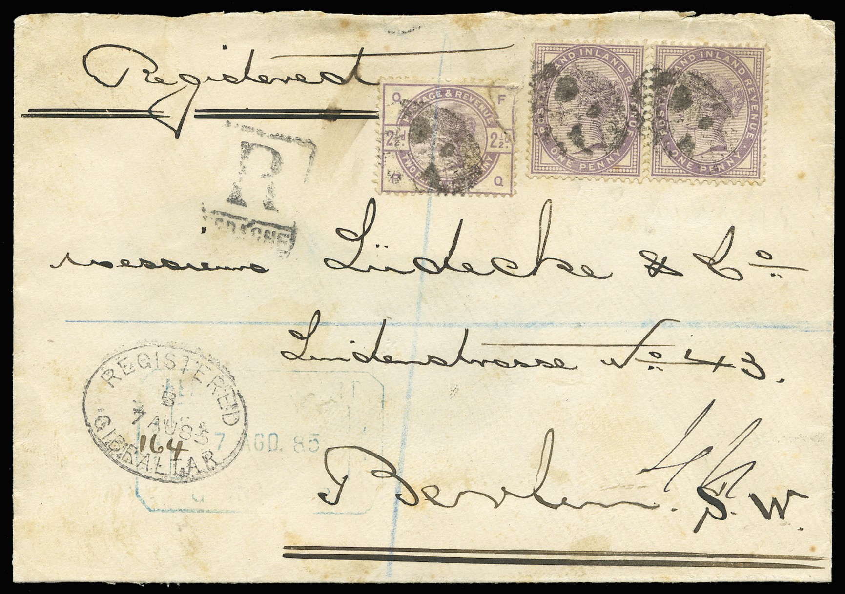 1885 (7 AU) registered cover from Gibraltar to...