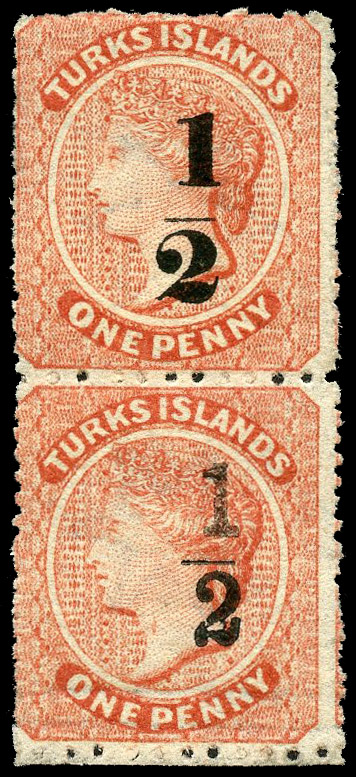 Turks Islands 1881 ½ on 1d dull red vert pair types 9 and 10 se-tenant