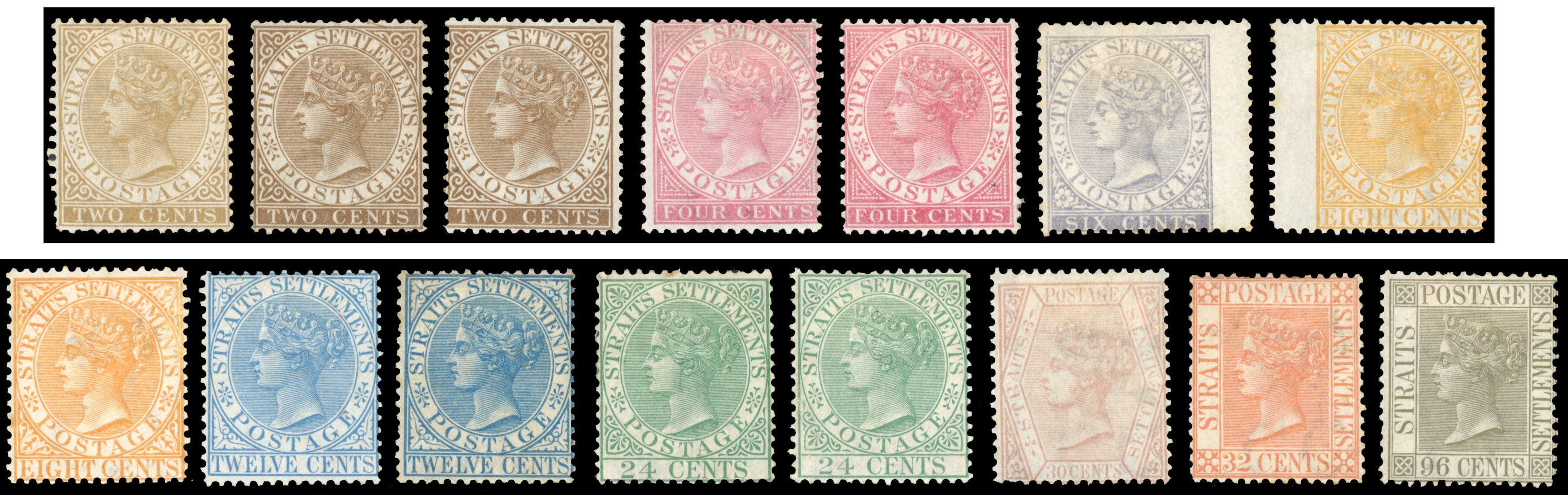 Straits Settlements SG 11/19 1867-72 set to 96c mint