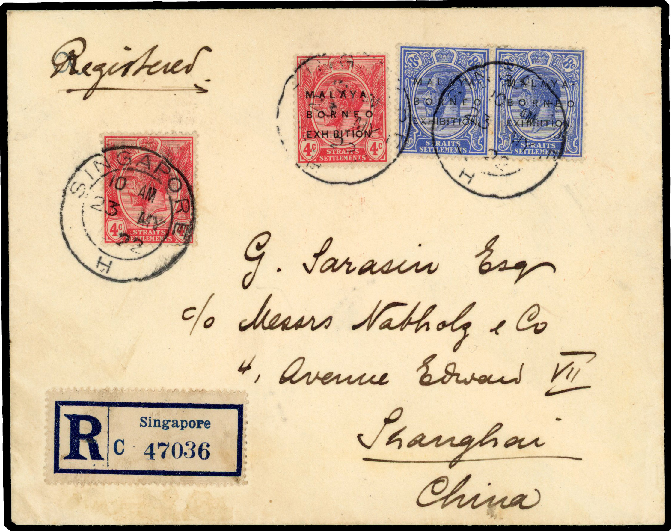 Straits Settlements 1922 registered cover from Singapore to Shanghai