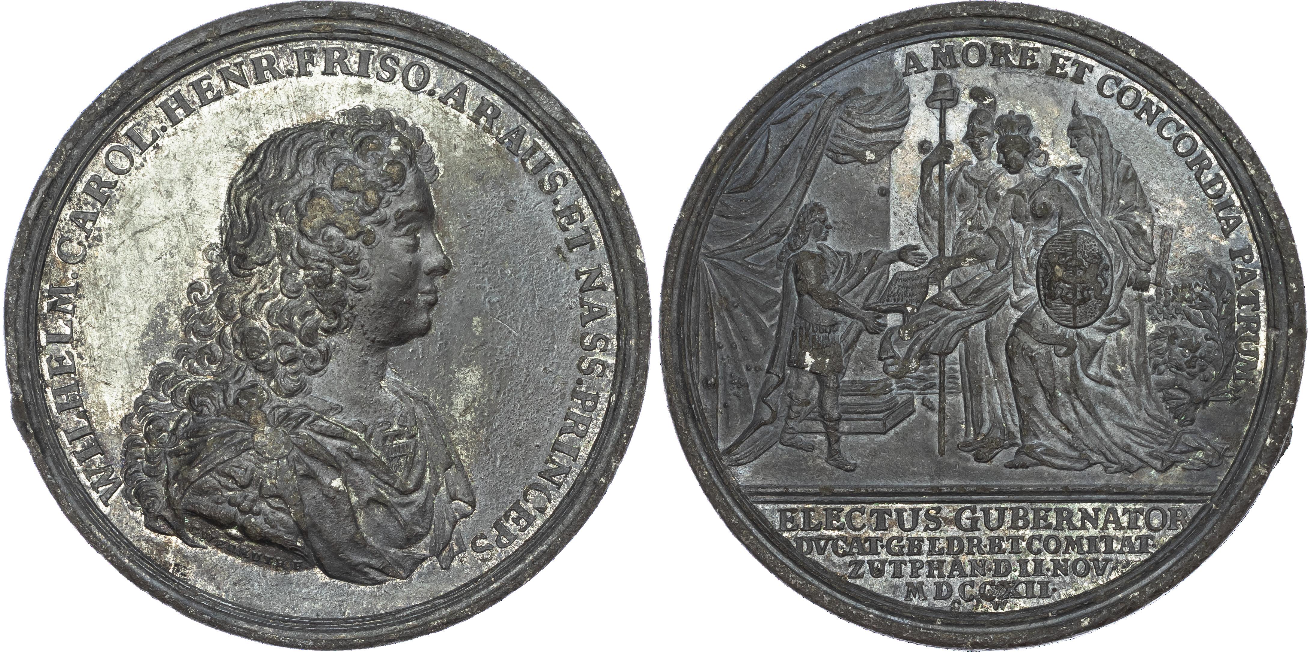 Netherlands, William IV, Prince of Orange, Coronation, 1712, white metal medal (62mm/115.42gm) by C. Wermuth.