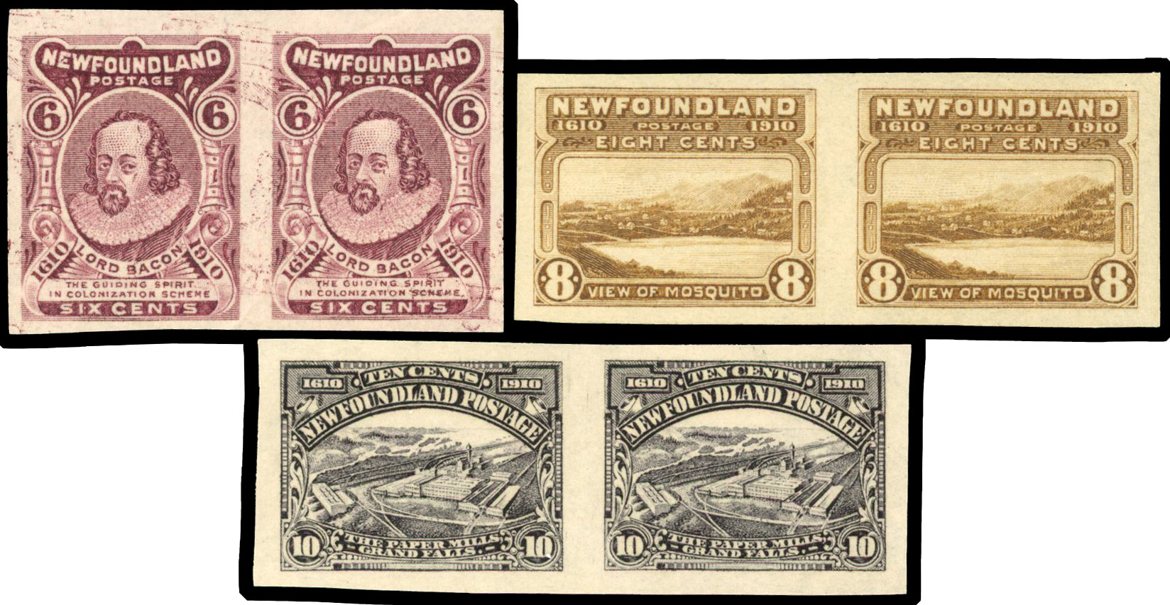 Newfoundland 1911 'Guy' Issue 6c, 8c and 10c Imperforate Pairs S.G. 111var, 112var, 114var cat £750