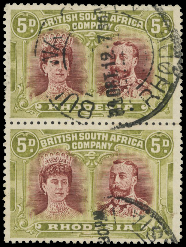 5d lake-brown and green SG 143a vertical pair, positions 9 and 14 used