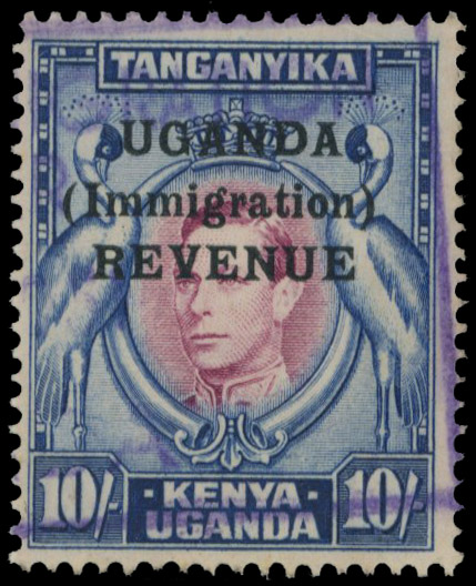 Uganda. c1946 KUT 10/- overprinted 'UGANDA (Immigration) REVENUE' used