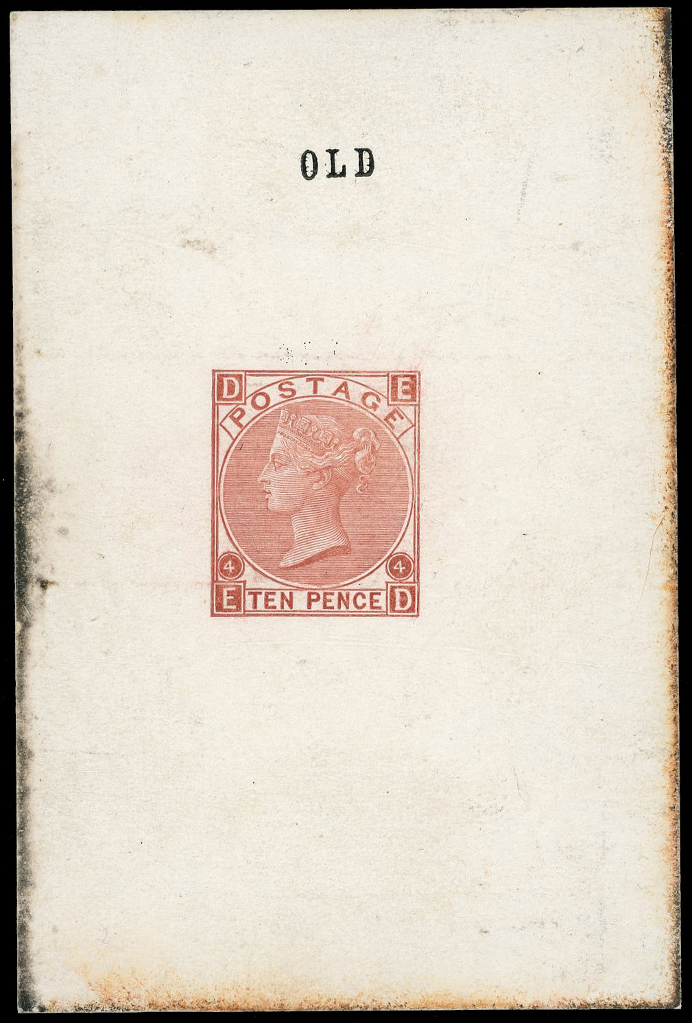 1872 10d Die proof. Very fine example printed in brown on white glazed card (61x92mm) with plate number ‘4’ and lettered…