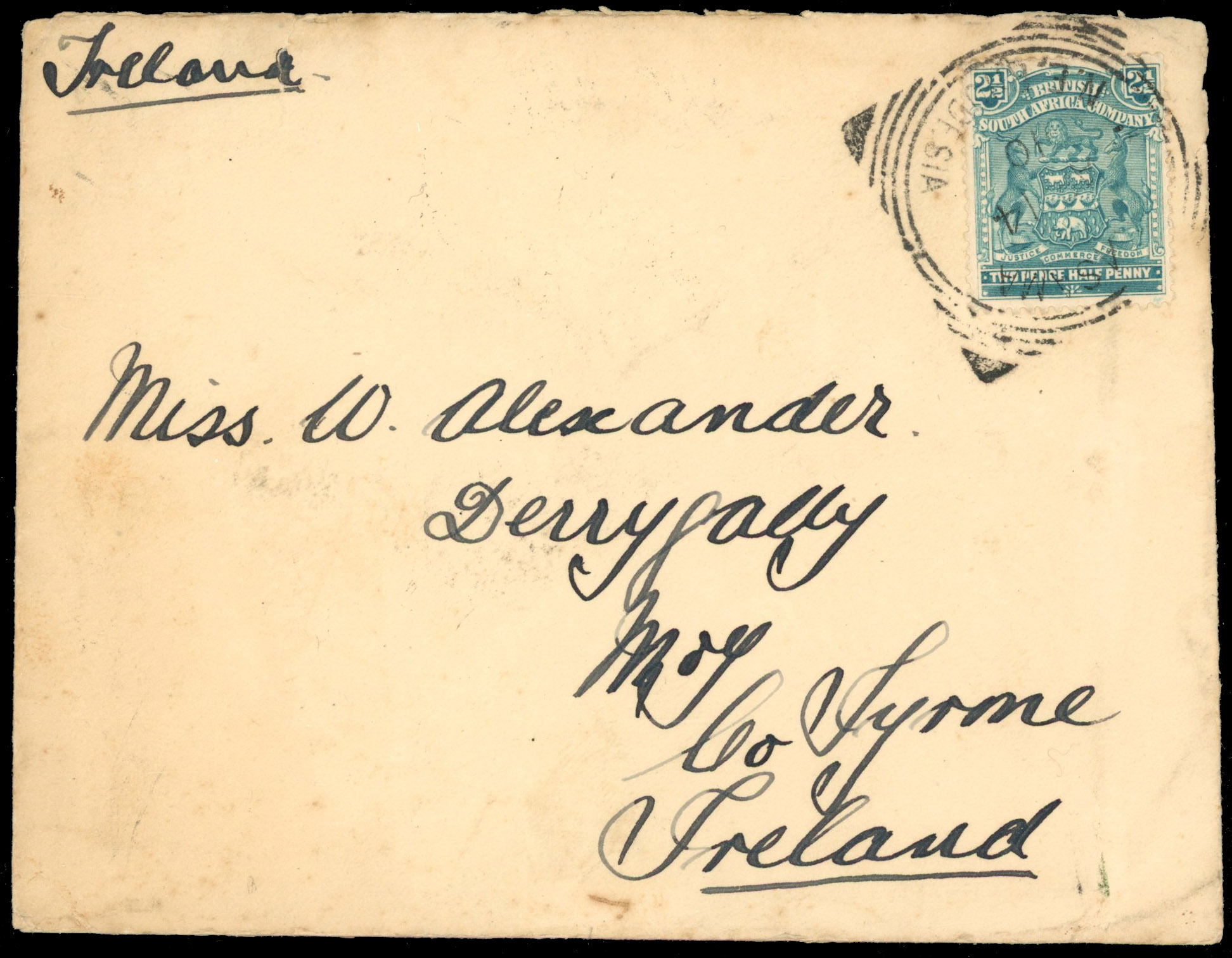 Rhodesia 1910 envelope to Ireland with Kasama squared circle