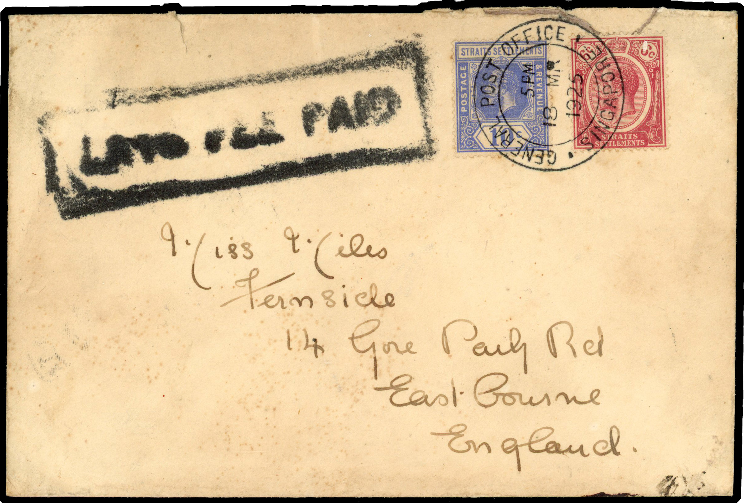 Straits Settlements 1925 late fee cover from Singapore to England