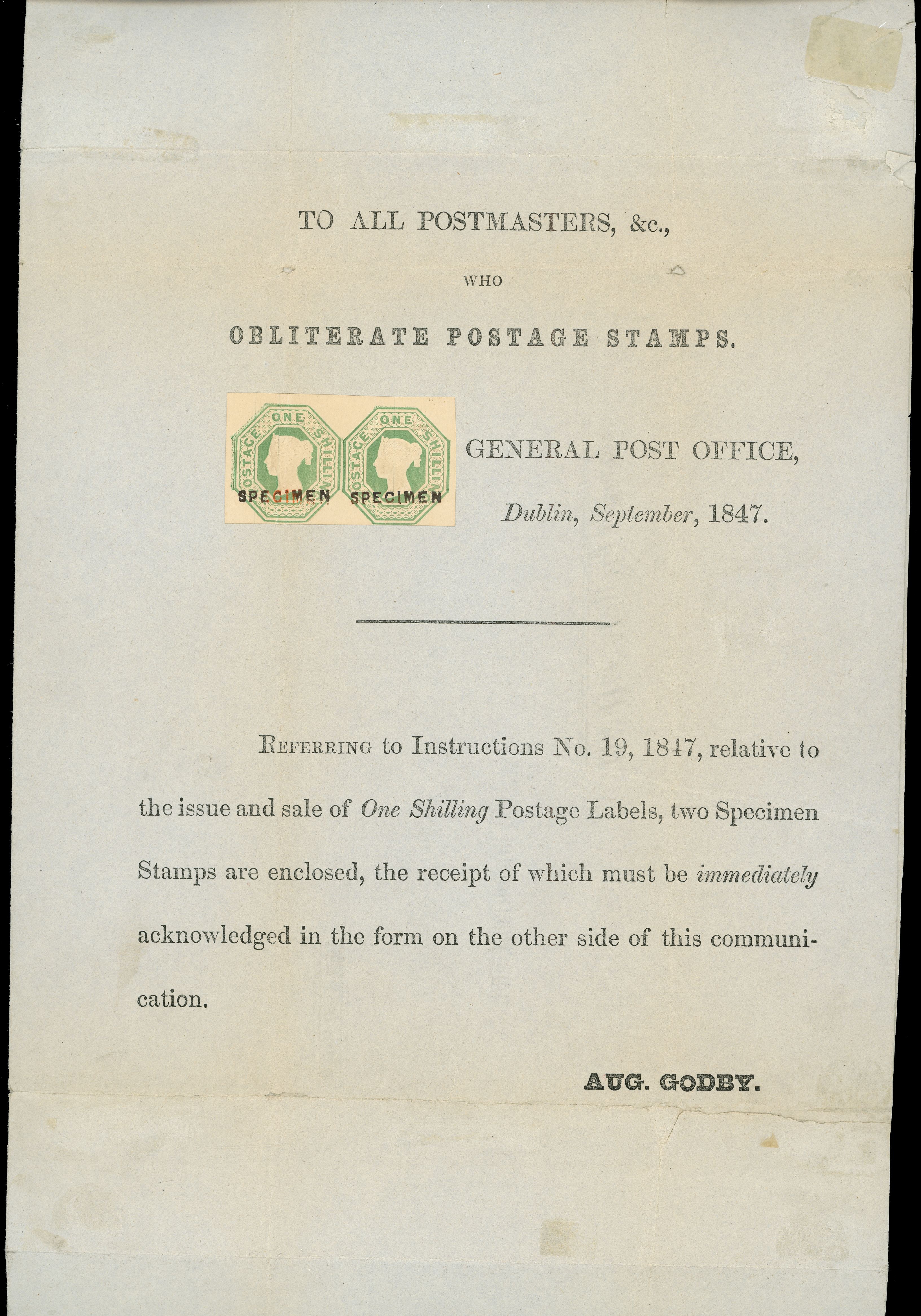 1847 Postal Notice from the G.P.O. in Dublin dated pair of SG55...